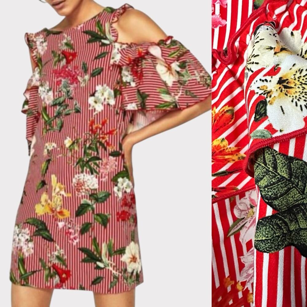 Zara NWOT Floral Mini Ruffled Dress Floral Red White Striped Size Small